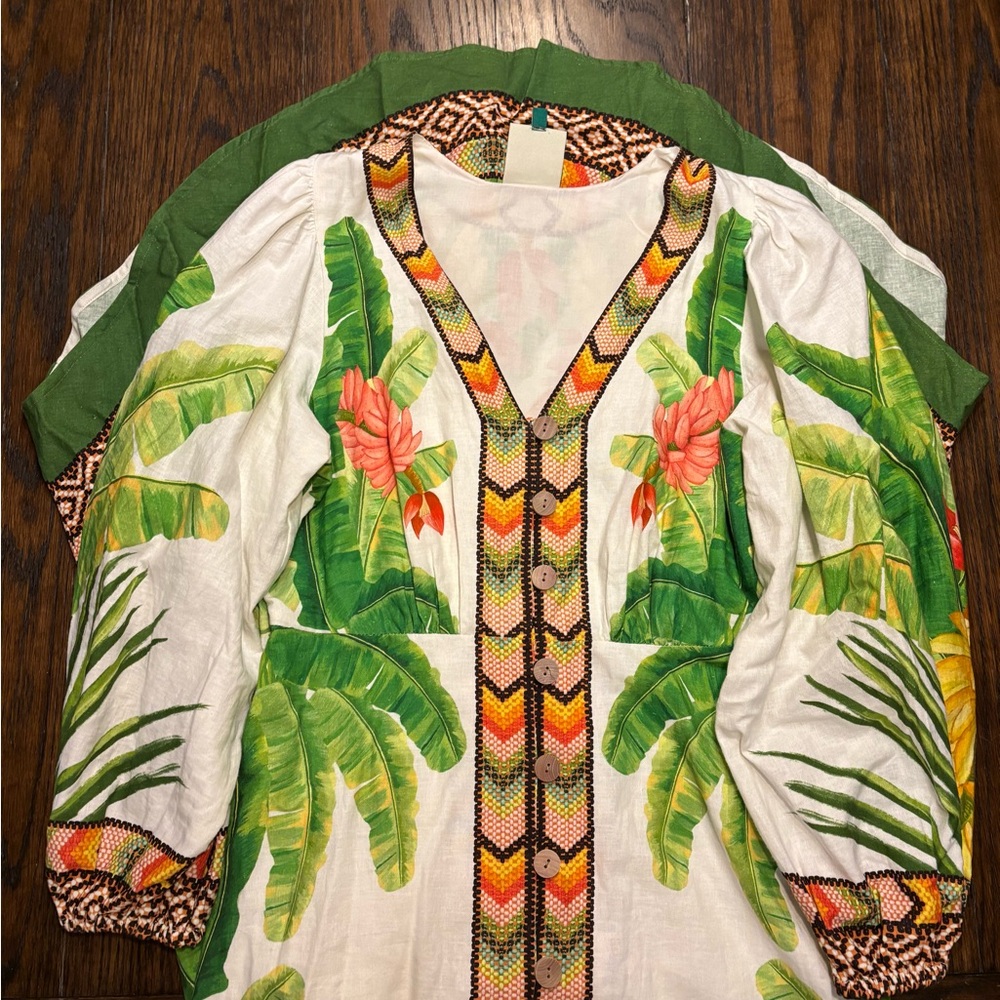 FARM Rio Tropical Long Sleeve Dress - Green and White